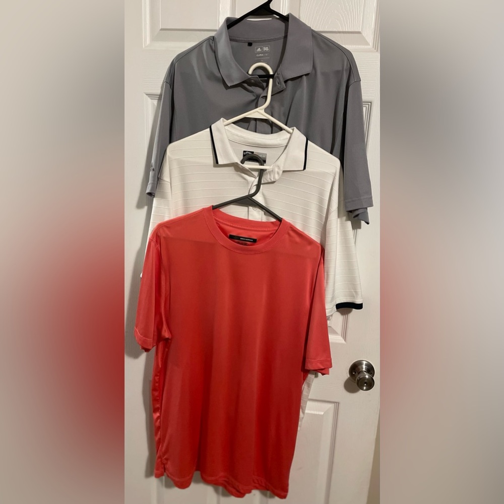 3 Large Golf Shirts. One gray Adidas, white Calloway, & coral Greg Norman.